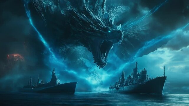 Warships sailing on a dark, stormy sea face a colossal, ethereal dragon rising from the depths, its glowing eyes and open jaws creating a scene of epic confrontation