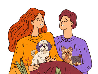 Couple with dogs cozy autumn scene features smiling man and woman in sweaters with dog illustrations surrounded by plants warm tones