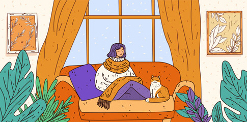 Woman relaxing on sofa cozy home scene with cat warm colors plants window interior design