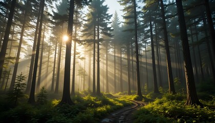 Obraz premium Sunlit Forest with Green Vegetation and Winding Dirt Path under Tall Trees