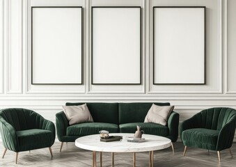 Elegant living room with emerald green velvet sofa, armchairs, and three blank frames.