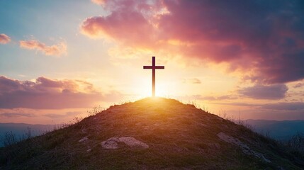 Good Friday Cross on Hill at Sunset – Christian Religious Symbolism, Faith, and Easter Celebration
