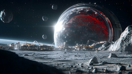 Futuristic space station on a moon surface. The station is near a red planet with a ring. Great for space exploration themes and sci-fi games.