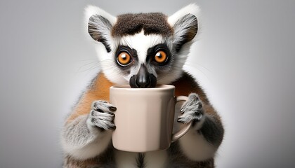 Fototapeta premium Adorable Lemur Caught Mid-Peek Inside a Steaming Coffee Mug