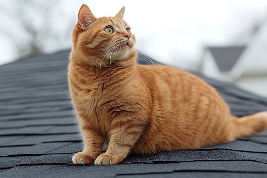 An orange cat gazes up while resting on a dark roof
