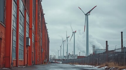 Obraz premium A large brick building and wind turbines stand together outdoors