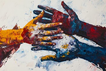 Oil painting titled 'Support', featuring conceptual abstract forms hands holding, painted with expressive acrylic smudges, perfect for themes unity and teamwork.