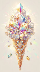 The Luxurious Crystal Gemstone Ice Cream Cone of Sparkling Fantasy Dessert. Ideal for use in digital art, posters, branding, and unique decorative compositions.