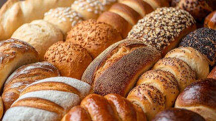 Fototapeta premium Various types of fresh baked breads and buns are displayed