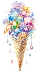 The Luxurious Crystal Gemstone Ice Cream Cone of Sparkling Fantasy Dessert. Ideal for use in digital art, posters, branding, and unique decorative compositions.