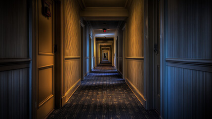 A surreal narrow hallway with doorways leading into darkness, eerie light casting strange shadows, the hallway seemingly endless, evoking a sense of isolation and unease