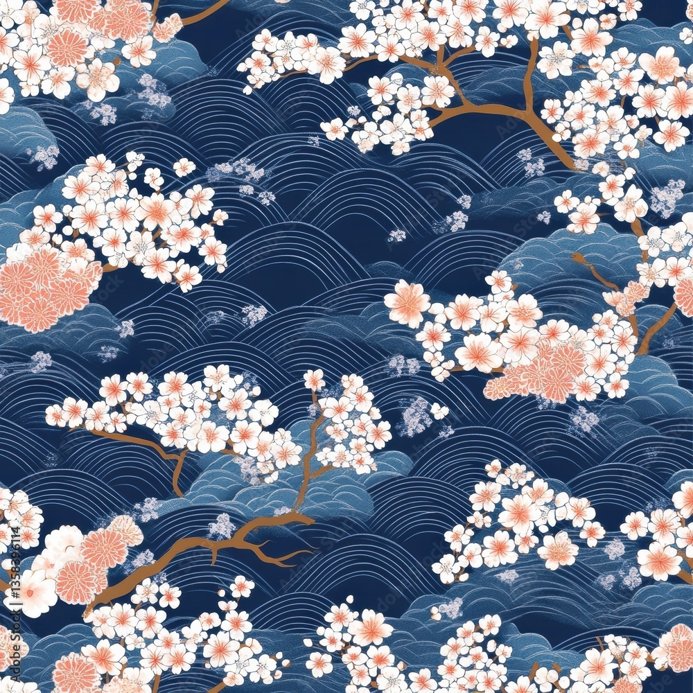 Poster elegant japanese seamless pattern featuring traditional wave motifs and delicate cherry blossoms in 
