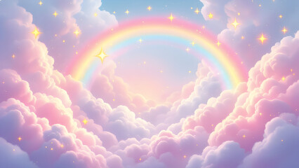 Dreamy Pastel Clouds with Rainbow and Golden Stars – Fantasy Sky Illustration for Children's Themes and Imagination Concepts
