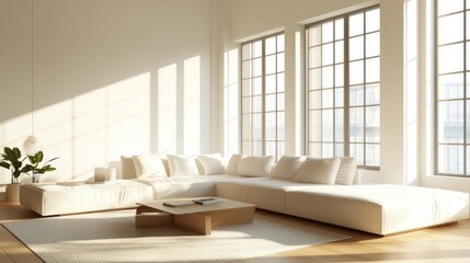 Fototapeta premium Sunlit Modern Living Room with White Sofa and Wooden Coffee Table