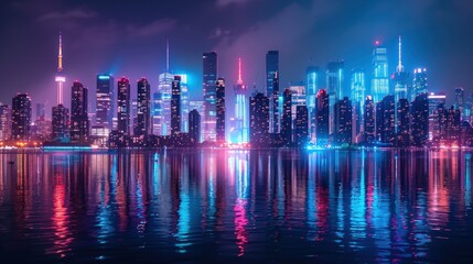 Neon cityscape skyline reflected in water at night