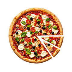 Sliced Vegetarian Pizza Isolated on White Background, Top View