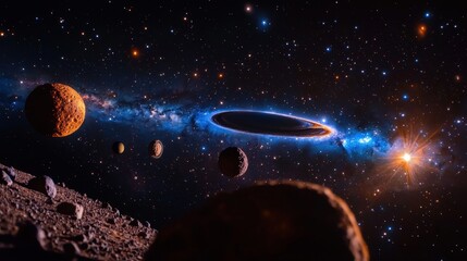Cerulean light waves dancing through asteroid fields in outer space sci-fi visuals of blue lights in cosmic environments