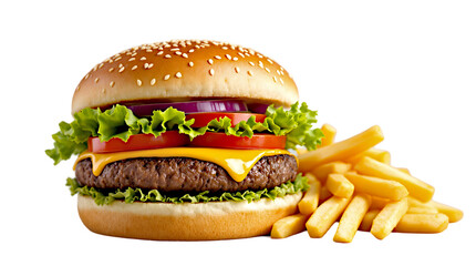 Classic Cheeseburger with French Fries Isolated on White Background