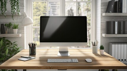 Fototapeta premium Stylish and Comfortable Workspace with Wooden Desk and Computer