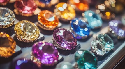 A close-up of high-value gemstones displayed inside a secure, glass-encased showcase.