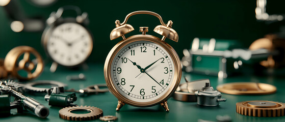 A golden alarm clock sits amidst gears and clock parts symbolizing time and mechanics. It is ideal for use in advertisements or educational material.