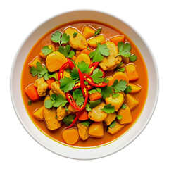  Chicken Curry with Pumpkin and Cilantro in White Bowl, Top View