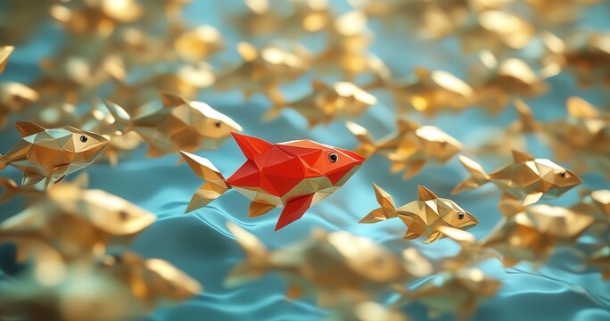 Red origami fish leading a school of gold paper fish.