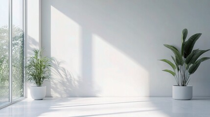 Stylish White Office Wall Corner with Natural Light and Plants