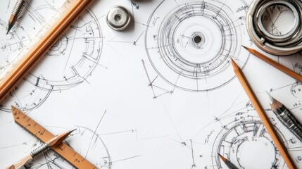 Detailed Technical Drawing and Tools on a Blueprint Background