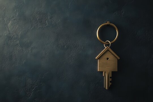 Gold house-shaped key on a dark textured background.