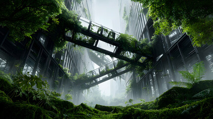 A post-apocalyptic cityscape reclaimed by nature. Imagine a futuristic film concept where architecture meets lush vegetation. Ideal for sci-fi artwork or game environments.