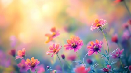 Fototapeta premium Pastel Pink and Orange Cosmos Flowers in Sunlight