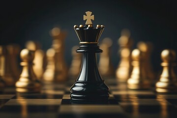 Black queen chess piece surrounded by golden pawns on a chessboard.