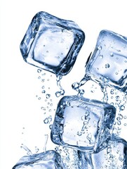 A cascade of sparkling ice cubes descends, adorned with droplets, against a pristine white background, evoking refreshment.