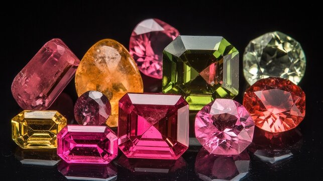 A colorful array of tourmaline gemstones in various shapes and cuts, glowing under professional lighting.