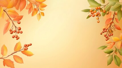 Autumnal Branches with Berries and Leaves: A Warm Fall Background