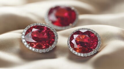 A delicate arrangement of oval-cut rubies and diamonds, displayed on a fine silk surface.