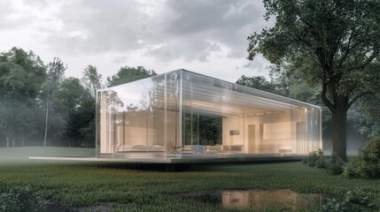 Obraz premium Modern Transparent House Prototype in Serene Natural Surroundings