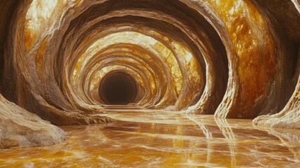 A gemstone-rich tunnel illuminated by soft golden light, showcasing raw mineral veins.
