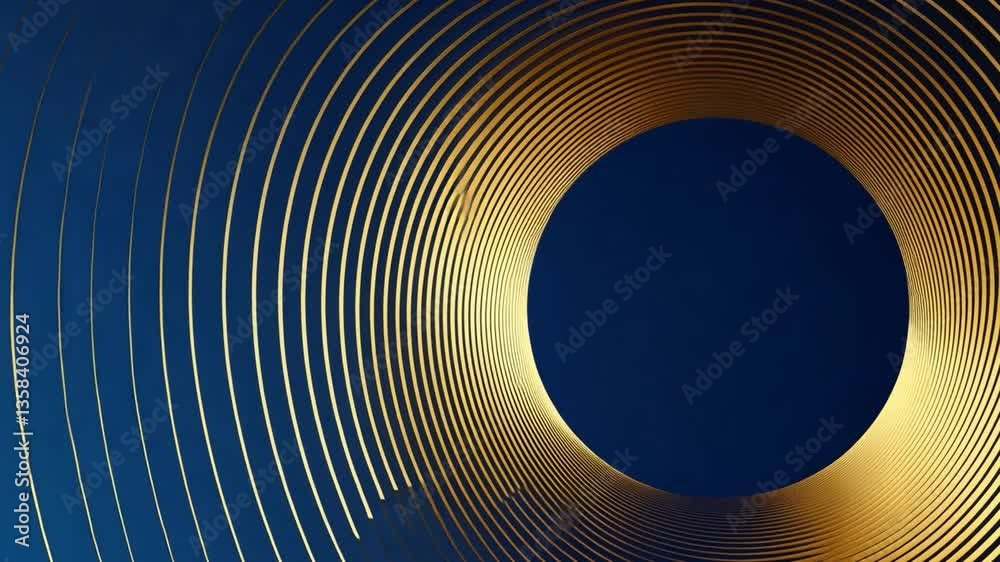 Poster mesmerizing circular pattern with golden lines against deep blue background evokes depth and eleganc