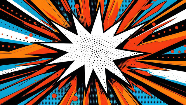 A vibrant comic-style explosion background with a bold white burst in the center, outlined in black, surrounded by dynamic orange rays and halftone dots. The energetic design gives a sense of action