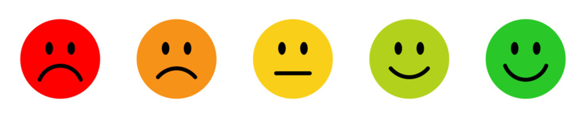 Rating emoji set. Feedback emoji collection. Feedback and rating emoji set. Very happy, happy, neutral, sad and very sad emojis icon set color with white background. Emoji, feedback, rating emoji.