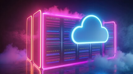 3D-rendered cloud server racks with neon lighting.
