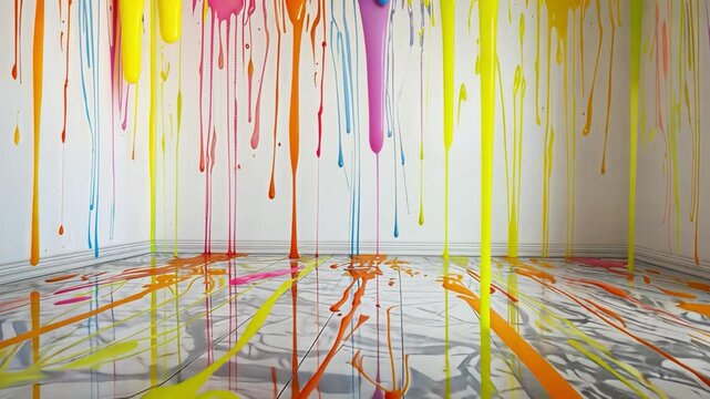 Colorful paint drips create vibrant and artistic atmosphere in this room, showcasing playful mix of yellow, pink, blue, and orange hues that evoke creativity and joy.