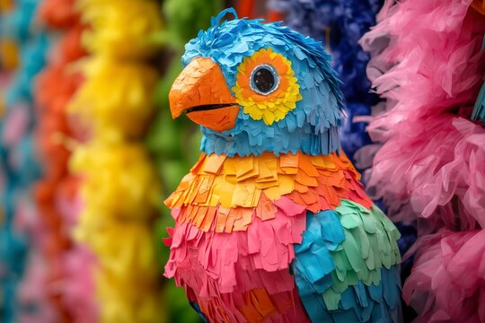 Colorful parrot pi&ntilde;ata amidst vibrant tulle display