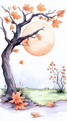 Golden leaves swirl in autumn breeze around a gnarled tree silhouetted against a pale sun, captu nature's whispers.