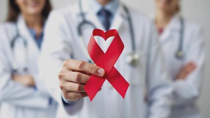 Doctor holding heart shaped red awareness ribbon in hand. AIDS HIV medical treatment. Symbol of World AIDS day, AIDS awareness month social campaign video. Heart disease. 1st December.