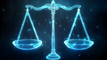 Futuristic Digital Hologram of Scales in Blue Hues Representing Justice and Balance.
