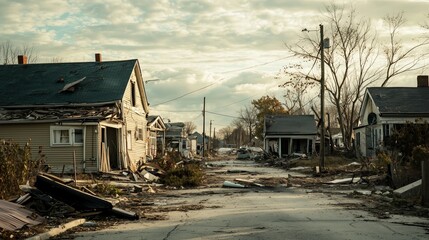 Abandoned Homes After Climate Disaster in Desolate Neighborhood Scene