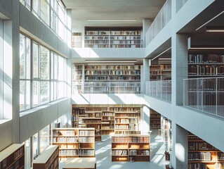 Modern law library design urban environment architectural interior contemporary space wide-angled view expansive knowledge hub